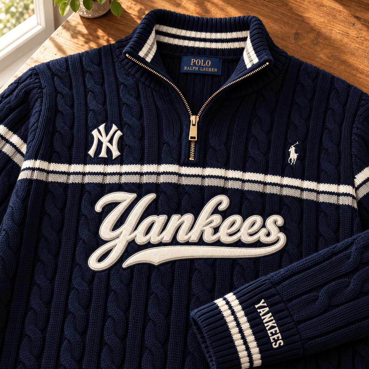 NYY PREMIUM Varsity Cable-Knit Quarter-Zip Sweater NHVH